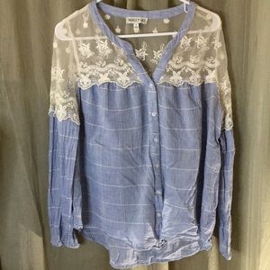Tassels N Lace Lightweight Denim & Lacey Embroidered Long Sleeve Top